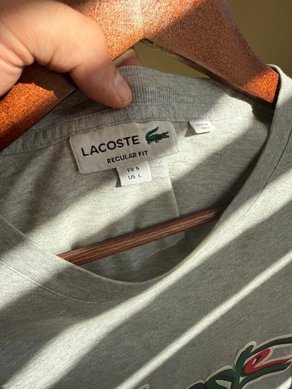 Lacoste Mens Gray Crew Neck Graphic Tee Script Logo Regular Fit Size L US L